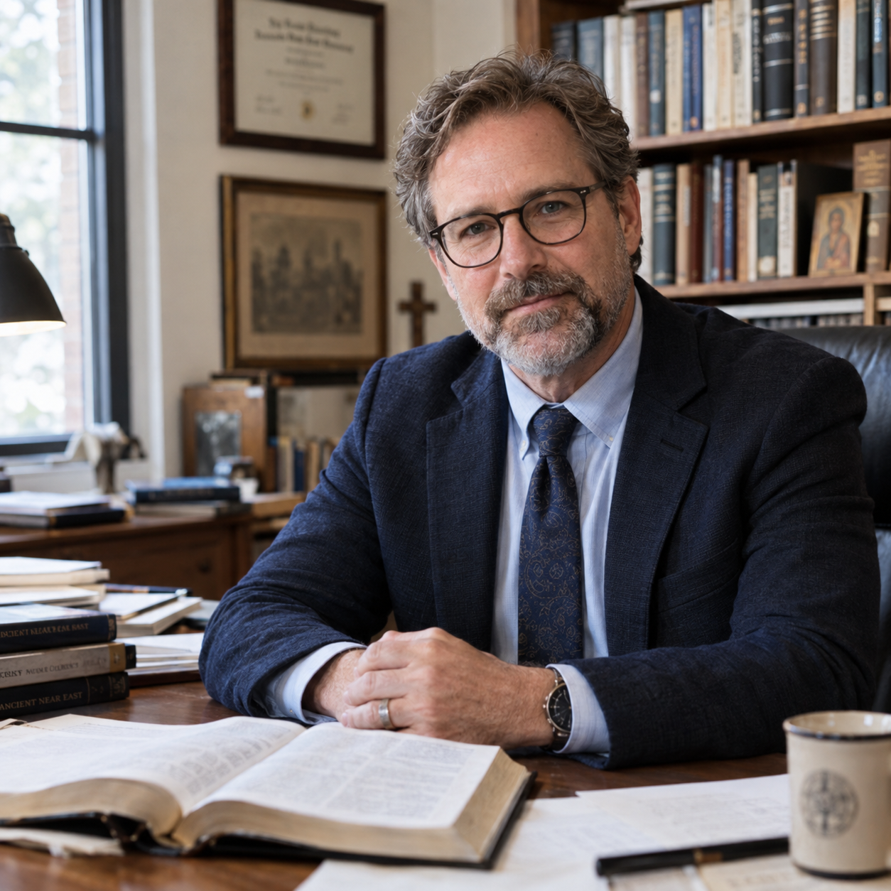 Professor Thomas Everwood at his desk in his study, surrounded by theology books