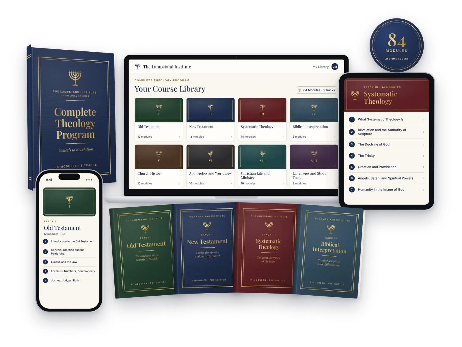 The Complete Theology Program bundle: the program hardcover, the course library on laptop, tablet and phone, and the track volumes